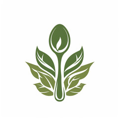 healthy food logo design with spoon and leaf elements, isolated on white background