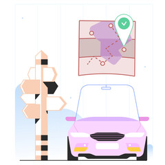 Car driving to a destination on map