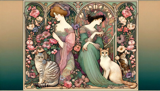 A decorative painting of a cat and a woman, generated by AI.