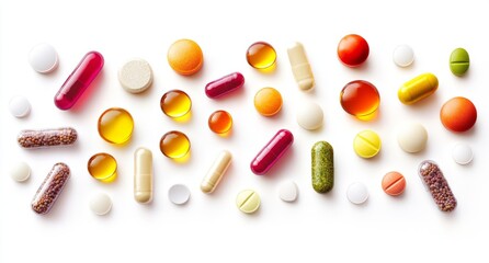 Colorful multivitamins and pills isolated on a white background