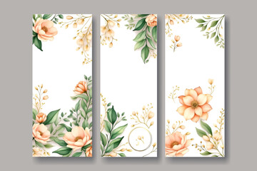 Beautiful wedding invitation set with green leaves and flowers, gold and floral frame 