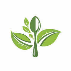 healthy food logo design with spoon and leaf elements, isolated on white background