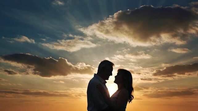 Silhouette of a couple in love, man and woman, on beautiful sunset background - romantic relationship of lovers falling in love