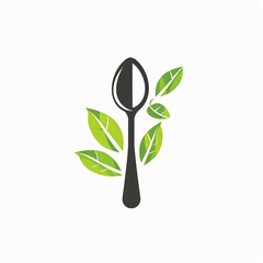 healthy food logo design with spoon and leaf elements, isolated on white background