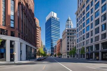 Fototapeta premium Stunning Urban Architecture Featuring Modern Office Buildings and Pristine Street Views