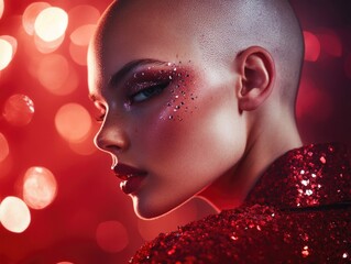 Stylish Glamour: A Fashion-forward Model in Red Glitter against a Blurred Backdrop
