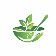 healthy food logo design with spoon and leaf elements, isolated on white background