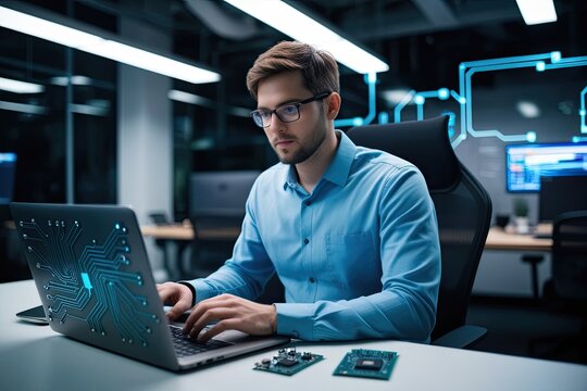 Expert Computer Programmer Working on Laptop Surrounded by Circuit Design in Innovative Tech Setting