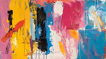 Abstract Painting with Yellow, Blue, Pink, and Black.