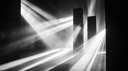 Two Tall Black Pillars In A Dark Room Bathed In Sunlight