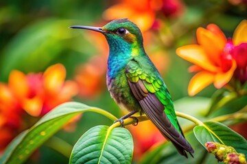 Fototapeta premium A hummingbird perches on a leaf, surrounded by a vibrant tropical jungle, where colorful flowers burst with life, radiating warmth and energy.