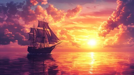 Obraz premium Sailboat Sunset Seascape with Golden Clouds