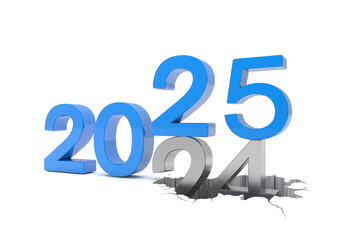 3d render of the numbers 2025 and 24 in blue and silver color over white background. The number 25 falls on the number 24 and breaks in it in the ground. - Vacation concept.