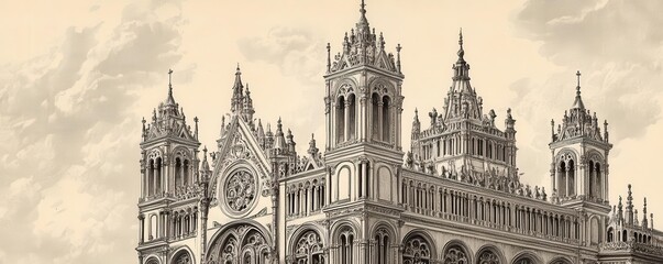 A vintage engraving of a grand cathedral with ornate architectural details, old engraving, cathedral, architecture