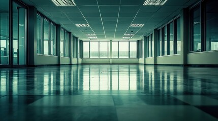 Fototapeta premium Empty Office Corridor with Window Reflections