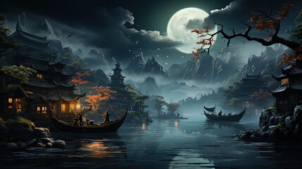 Fototapeta premium The Moon Falls The Crows Cry And The Frost Fills The Sky. Jiang Feng's Fishing Fire Sleeps With Sorrow