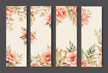 Obraz premium Beautiful wedding invitation set with green leaves and flowers, gold and floral frame.