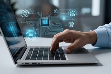 Fototapeta premium Creative Laptop Use by Database Engineer Showcasing Circuit Designs and Technical Skills