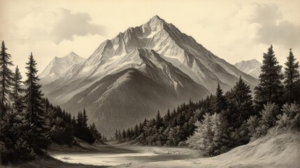 Obraz premium An old engraving of a mountain range with trees and rivers, capturing the rugged landscape, old engraving, mountain, landscape