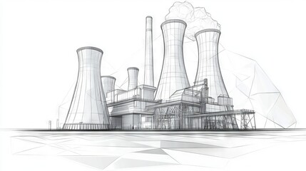 Nuclear power plant sketch. Isolated abstract polygonal nuclear reactor. Polluting energy. Industry concept. Plant, station, or factory in modern low poly wireframe style. Vector illustration. 