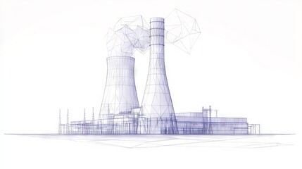 Nuclear power plant sketch. Isolated abstract polygonal nuclear reactor. Polluting energy. Industry concept. Plant, station, or factory in modern low poly wireframe style. Vector illustration. 