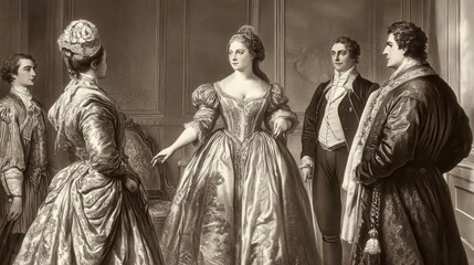 An old engraving of an 18th-century court scene with elegantly dressed figures, old engraving, court scene, historical