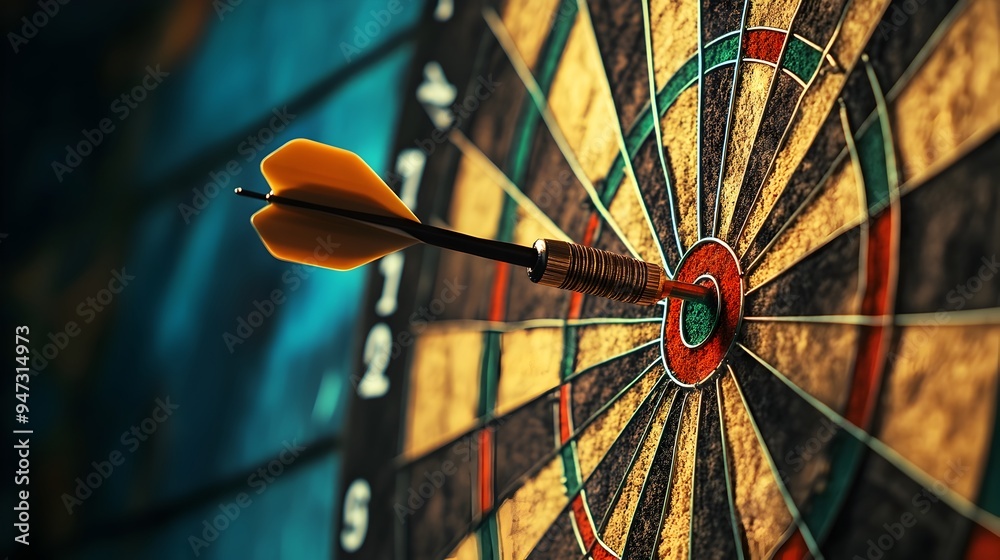 Poster conceptual image of a dart hitting the center of a target representing the achievement of objectives