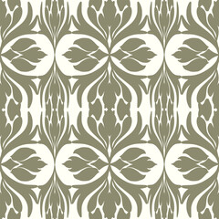 A seamless damask pattern in shades of green and white. The intricate floral motif creates a classic, elegant design. Perfect for home decor, textiles, and wallpaper.