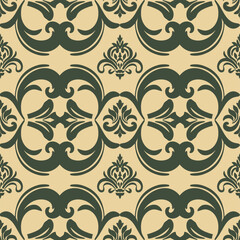 damask pattern featuring intricate floral motifs in deep green against a creamy yellow background. The design is both elegant and sophisticated, perfect for adding a touch of luxury to any space.