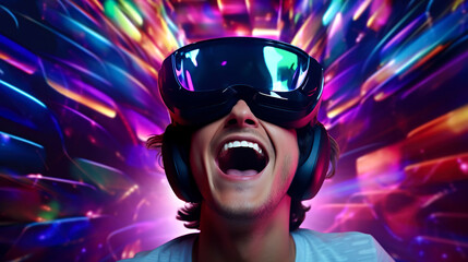 仮想現実に興奮するVRゴーグルを着けた男性