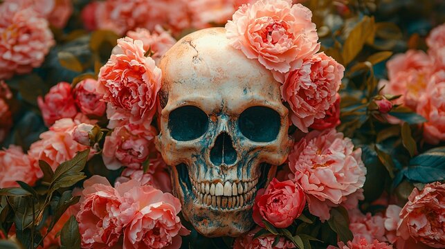 A stunning Halloween skull adorned with beautifully detailed peonies and roses, perfect for event design, invitations, and festive decoration with copy space.