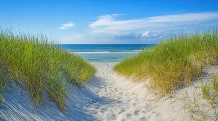 Beach pathway leading through tall grass dunes towards the ocean.