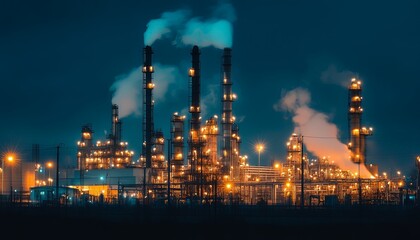 Fototapeta premium Industrial Night Landscape with Smoke Stacks and Lights