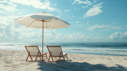 Beach umbrella and lounge chairs set up on the sand, ready for a day of relaxation.