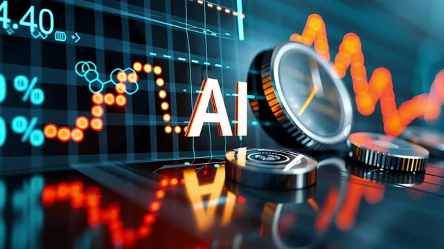 The word "AI" is displayed on a screen with a financial chart in the background