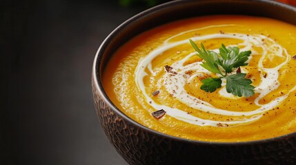 Creamy pumpkin soup with swirl of cream, deep bowl, textured ceramic, warm gradient from orange to amber, soft focus background, copy space on top