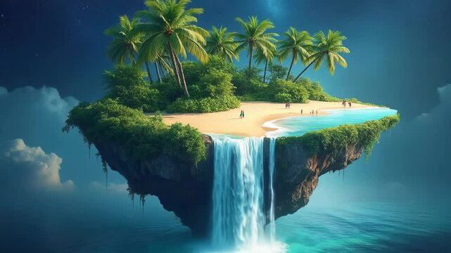 Tropical island floats in starry sky. Lush palm trees surround sandy beach. Turquoise lagoon cascades over edge as massive waterfall. Tiny figures swim in paradisiacal waters.	