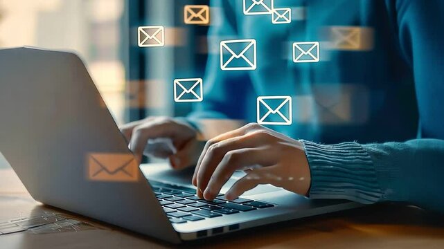 Close-up of hands typing on a laptop with digital email icons floating around.  Conceptual for online communication, messaging, and digital marketing.