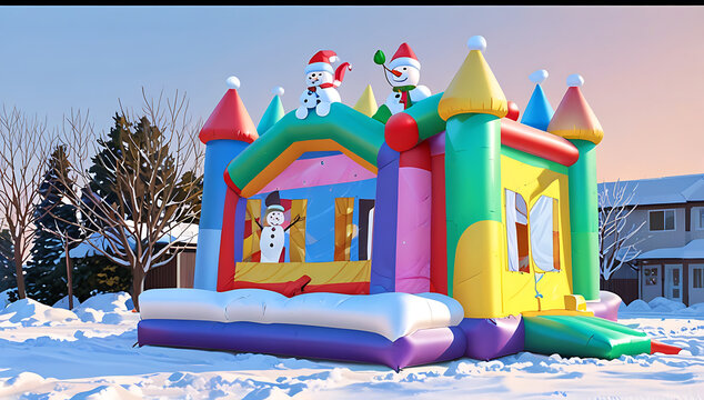 A Colorful Inflatable bounce house in the backyard or bouncy castle slide for playground, balloon style, inflatable bounce house in Christmas winter or X-Mas theme
