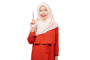 Smiling confident asian hijab girl holding pen isolated transparent