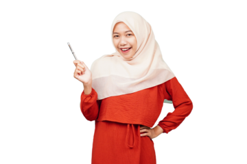 Smiling confident asian hijab girl holding pen isolated transparent