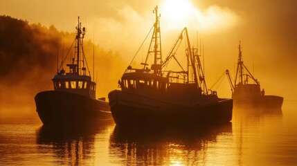 Fototapeta premium boats anchored near the shore, with the early morning sun casting a golden glow.