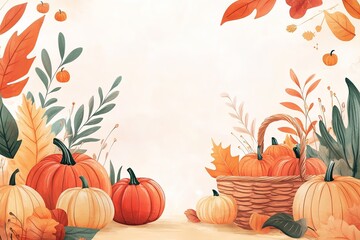 Autumn Pumpkin Harvest Background with Fall Leaves and Basket