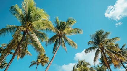 Palm trees swaying in the breeze on a tropical beach, with clear blue skies above.