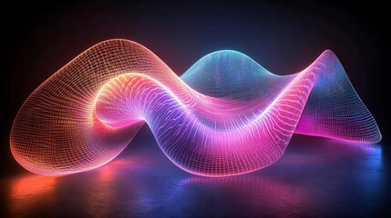 Fototapeta premium Abstract 3D sculpture of fluid data streams and geometric grids, neon colors, technology meets art concept