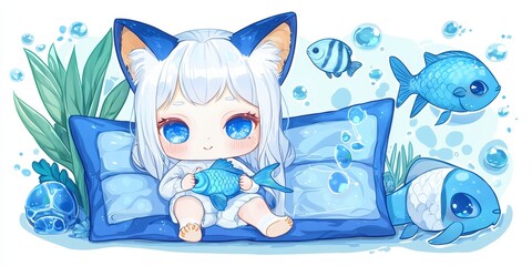 Cute Anime Girl with Fish and Bubbles Illustration