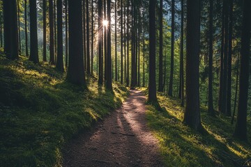 Fototapeta premium Sunbeams Through Forest Trees on Pathway