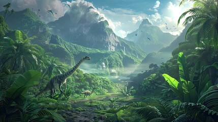 Prehistoric Jungle Adventure: Dinosaurs Roaming Amongst Vector Volcanoes