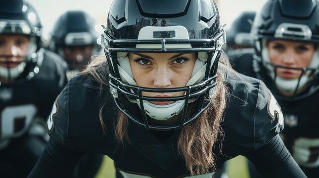 A girl in a football helmet is surrounded by other players