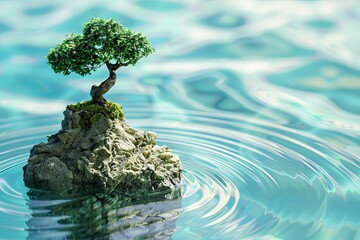 Lilliputian Bonsai Bliss: Intricate 3D Tree on Miniature Island Surrounded by Radiating Blue Water Lines